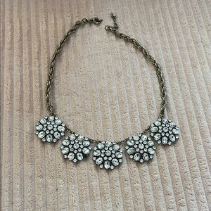 Crystal Flower Statement Necklace - Clear Crystals on Antique Gold